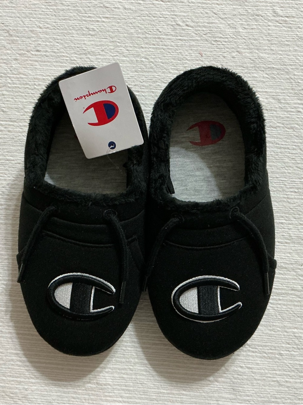 Champion University Black Fur-Lined Slip-On Slippers